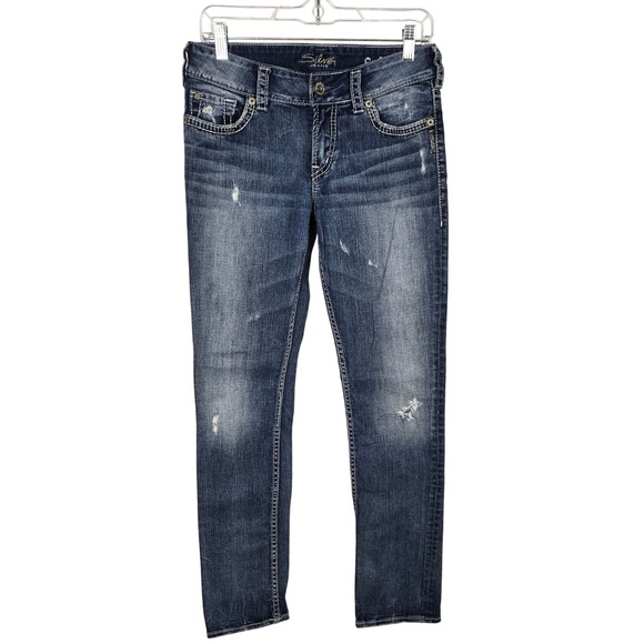 Silver Jeans Suki Slim Womens 27x32 Dark Wash Distressed LowriseDenim - Picture 1 of 14